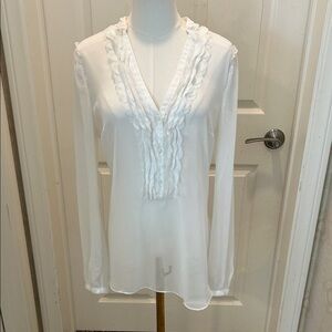 White House Black Market White Sheer Ruffle Blouse Size 10